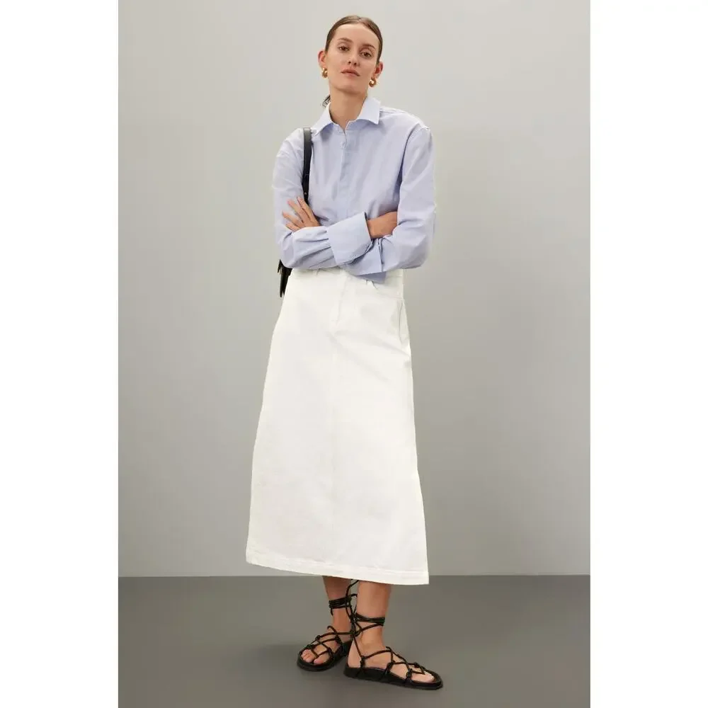 7 For All Mankind Denim Lustre‎ Midi Skirt White Sunny A-Line Side Slit Sz 32